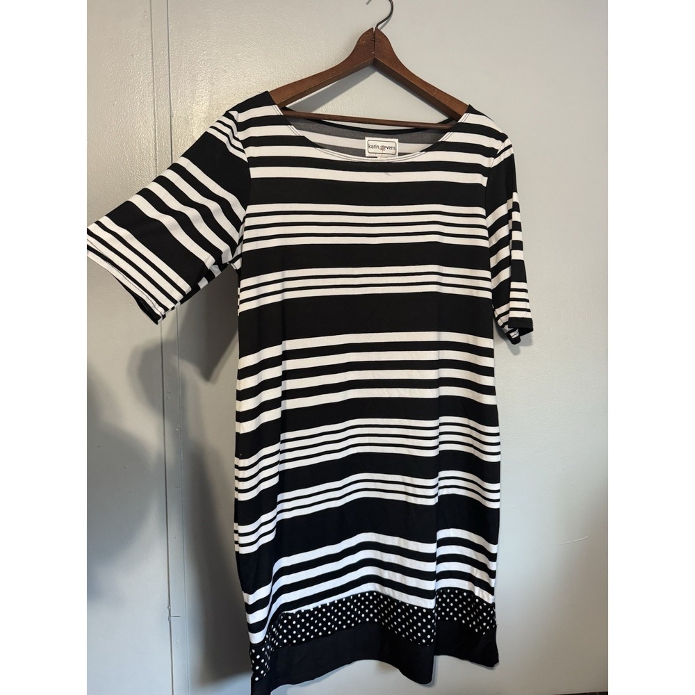 VTG Karin Stevens black/ white striped sheath dress with a polka dot hem XL